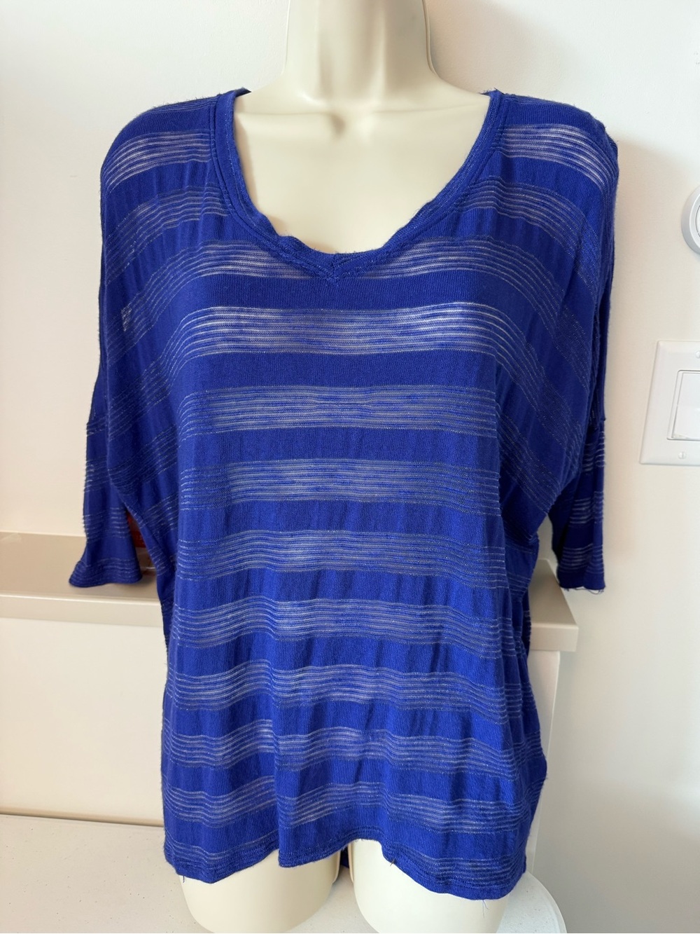 Women's Striped Sheer Scoop Neck Top - Blue